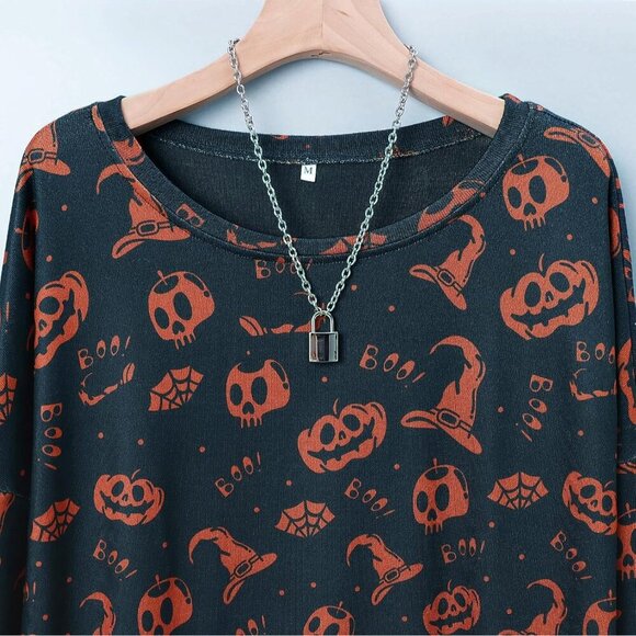 Women's Halloween Pumpkin Sweatshirt Cat Long Sleeve Crewneck Pullover Shirts - Picture 5 of 5